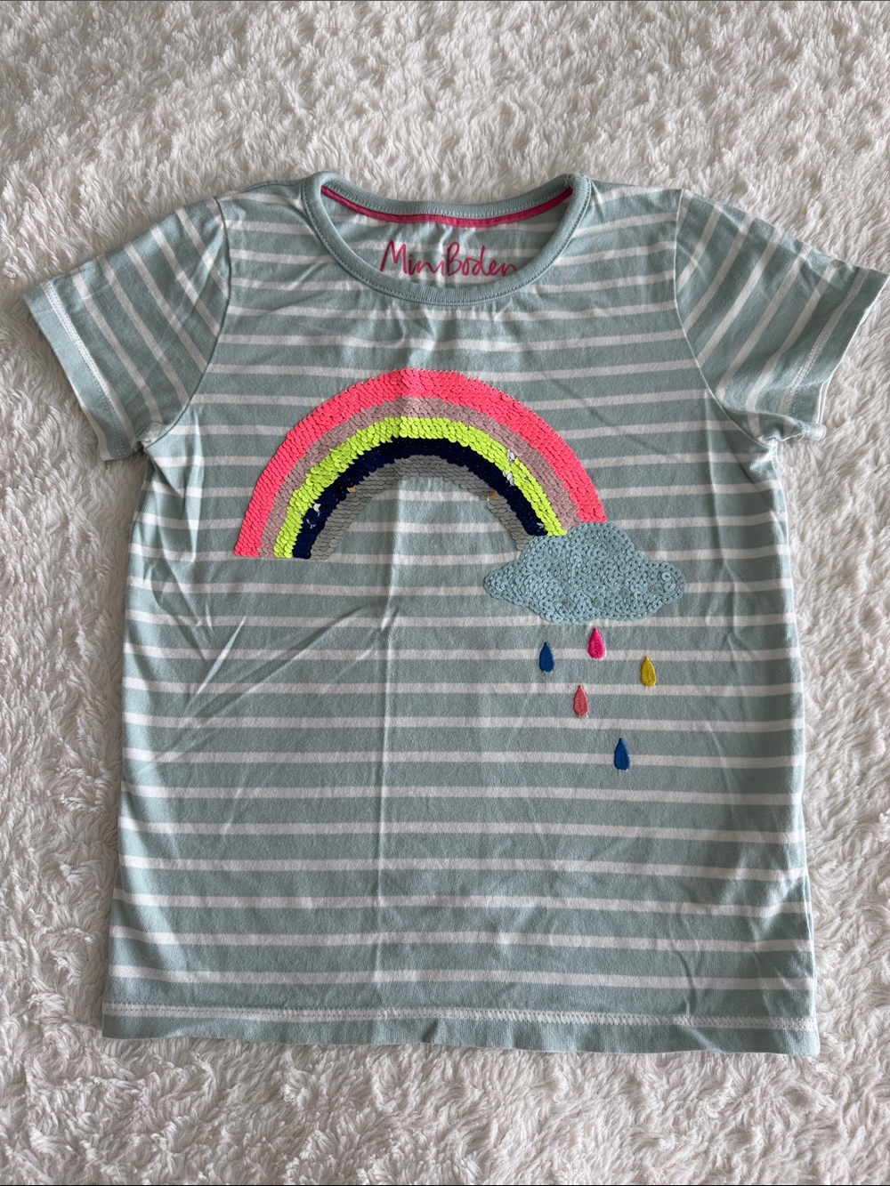 Mini Boden girls size 6-7 blue stripe knit shirt with flip sequin rainbow